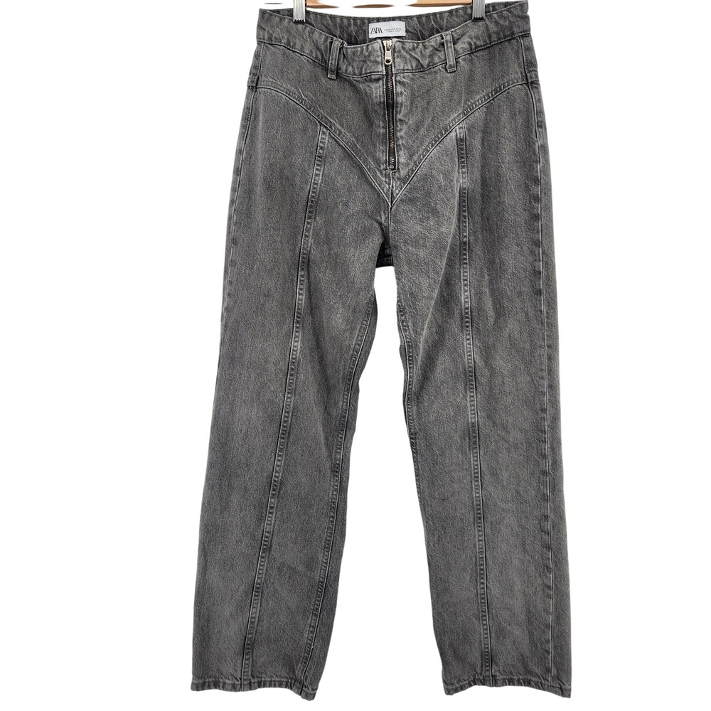 ZARA Women's Wide Leg Baggy Jeans Size 8 Grey V Front Panel Zipper Closure Y2K